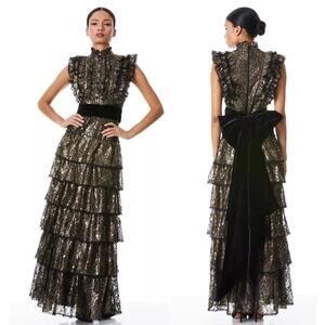 $1300 Alice + Olivia Tahara Gold Metallic Ruffle Sleeve Tiered Maxi Dress Gown S